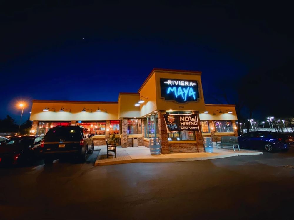 Riviera Maya Taco & Tequila Bar exterior at night in Highland, Indiana